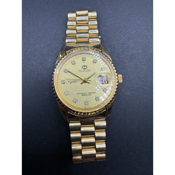 Majestic Gold Tone Dial Crystal Hour Marker Jewelled Date Watch Taiwan Dial - Picture 2 of 7